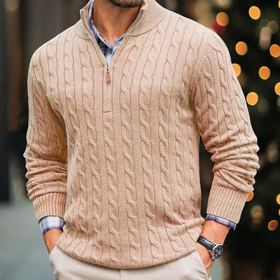 Herren Strickpullover mit Zopfmuster | Klassisch & Elegant | Halber Reißverschluss