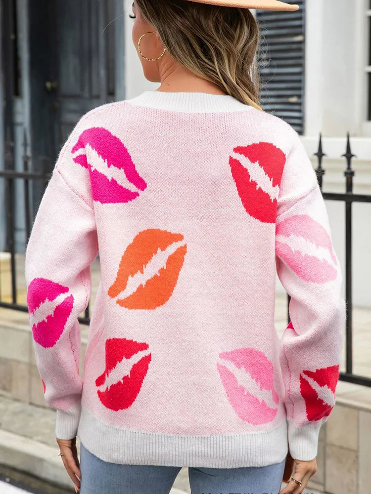 Desirae™ | Damen V-Ausschnitt Pullover mit Lippen-Print – Modisch & Kuschelig
