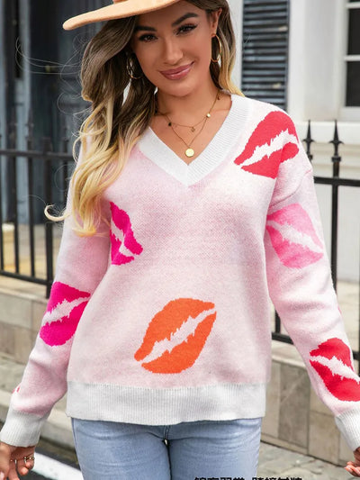 Desirae™ | Damen V-Ausschnitt Pullover mit Lippen-Print – Modisch & Kuschelig