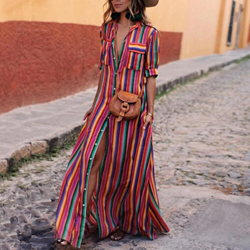 Gianinna - Regenbogen Gestreiftes Maxikleid