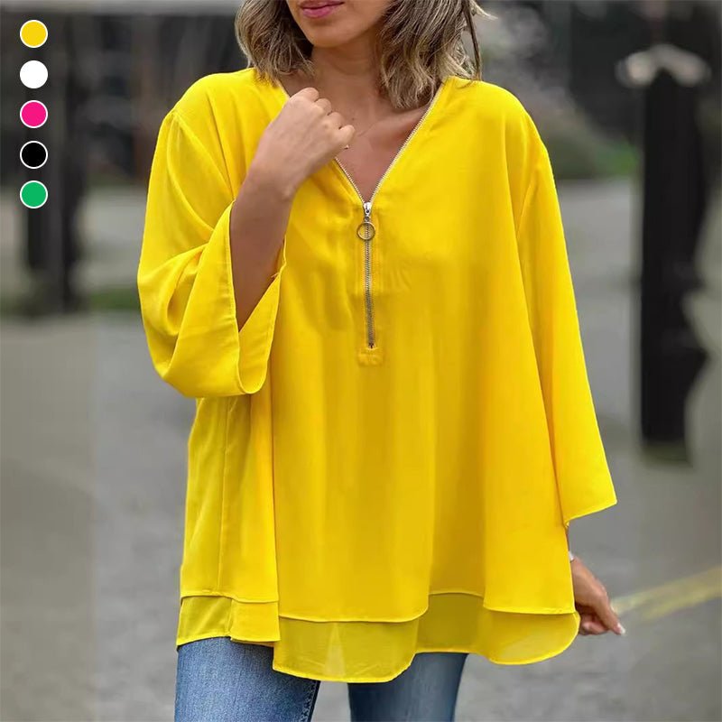 Monina - Stilvolles V-Ausschnitt Chiffon Top mit Reißverschluss