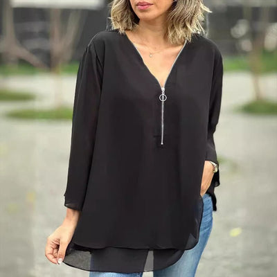 Monina - Stilvolles V-Ausschnitt Chiffon Top mit Reißverschluss