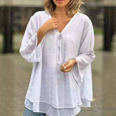 Monina - Stilvolles V-Ausschnitt Chiffon Top mit Reißverschluss