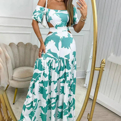 Livia | Schulterfreies Maxikleid mit Tropical-Cut-Out-Design