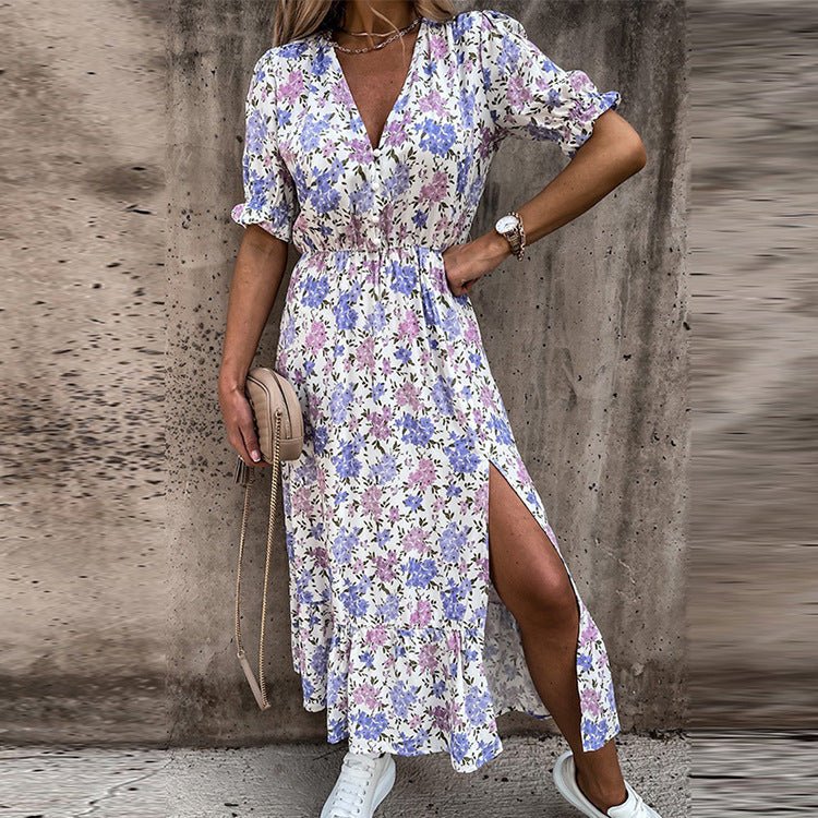 Geblümtes Sommerkleid mit Knopfleiste & Schlitz – Feminin & Bequem