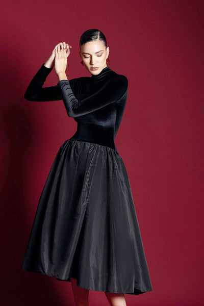 Elegantes Midikleid | Samt-Oberteil & Taftrock | Klassische Raffinesse