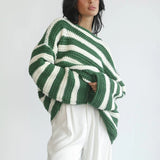 Pullover Damen Oversized Streifen in Grün