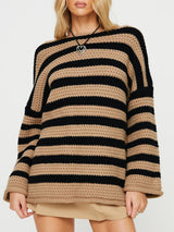 Pullover Damen Oversized Streifen in Khaki