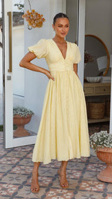 Damen Elegantes Maxikleid Mit Knopfleiste Und Fließendem Schnitt – Sommerkleid Chic in Gelb