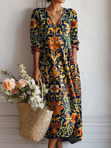 Damen Boho V-Ausschnitt Blumen Midikleid – Lässiges Sommer Komfortkleid in Blumen (fast ausverkauft)