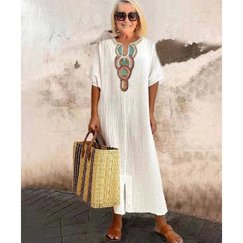 Lioba – Lässiges Leinenkleid Mit Stickerei Und Schlitz