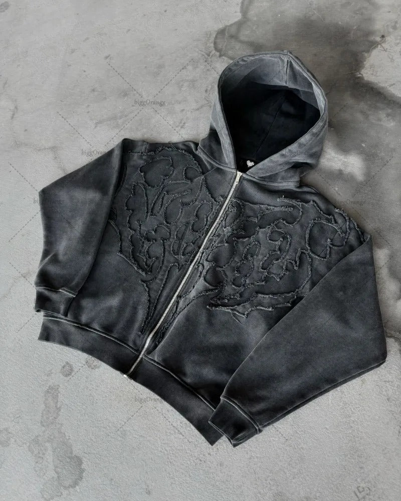 Nicholas - Gothic Punk Bestickte Kapuzenjacke mit Reißverschluss