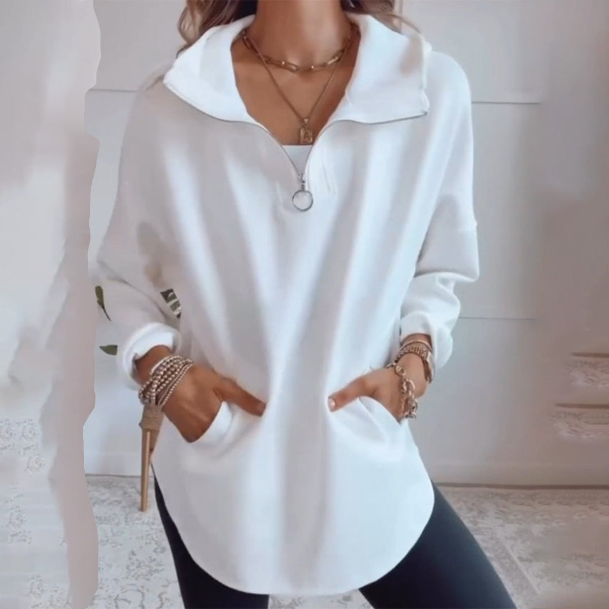 Lässiges Sweatshirt | Zip-Kragen & Eingrifftaschen | Bequemer Chic