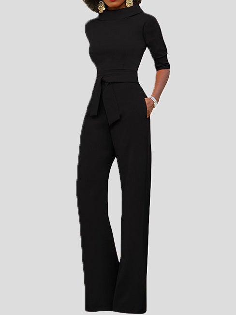 Heidi-Mode | Damen Jumpsuits Solid Fem Punkte Ärmel Gürtel Breite Beine Jumpsuit