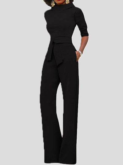 Heidi-Mode | Damen Jumpsuits Solid Fem Punkte Ärmel Gürtel Breite Beine Jumpsuit