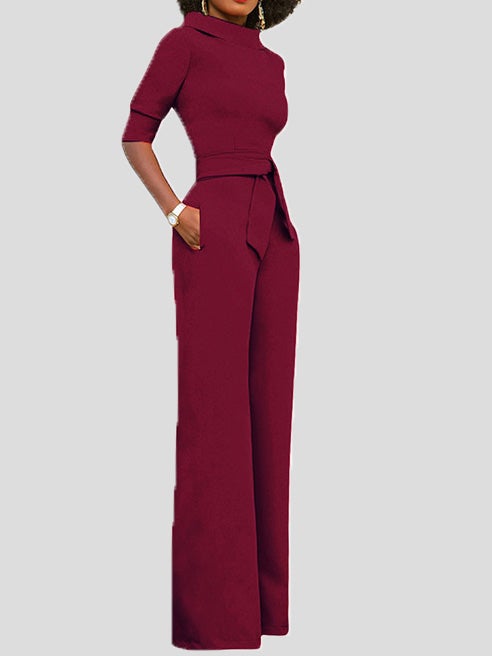 Heidi-Mode | Damen Jumpsuits Solid Fem Punkte Ärmel Gürtel Breite Beine Jumpsuit