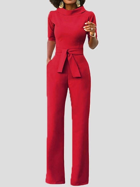 Heidi-Mode | Damen Jumpsuits Solid Fem Punkte Ärmel Gürtel Breite Beine Jumpsuit