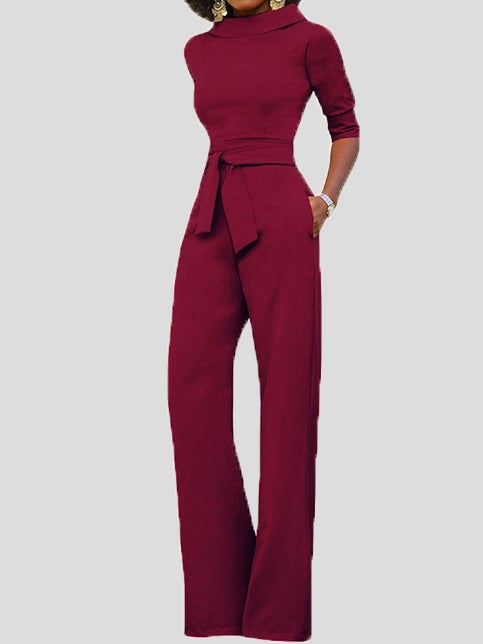 Heidi-Mode | Damen Jumpsuits Solid Fem Punkte Ärmel Gürtel Breite Beine Jumpsuit
