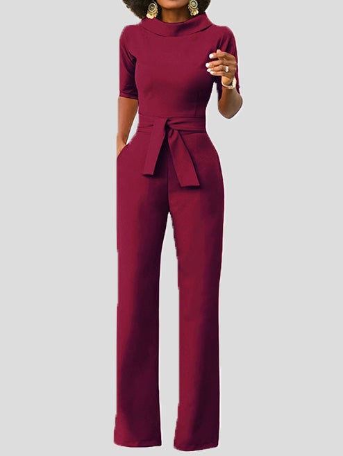 Heidi-Mode | Damen Jumpsuits Solid Fem Punkte Ärmel Gürtel Breite Beine Jumpsuit
