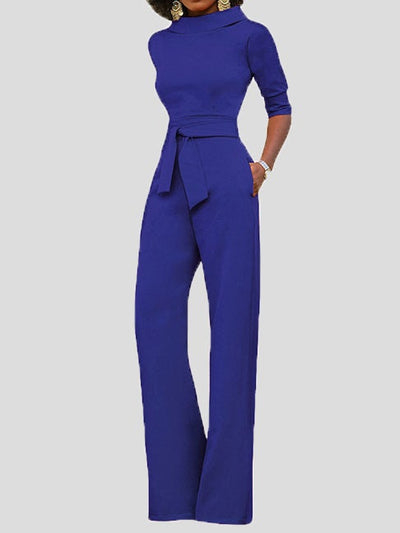 Heidi-Mode | Damen Jumpsuits Solid Fem Punkte Ärmel Gürtel Breite Beine Jumpsuit