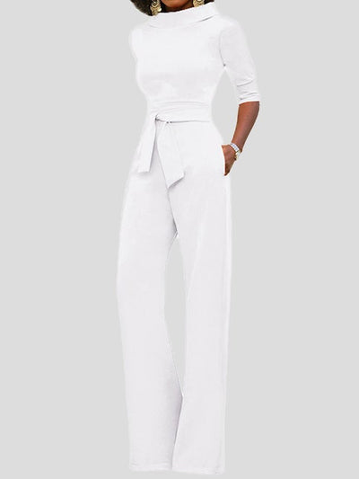 Heidi-Mode | Damen Jumpsuits Solid Fem Punkte Ärmel Gürtel Breite Beine Jumpsuit