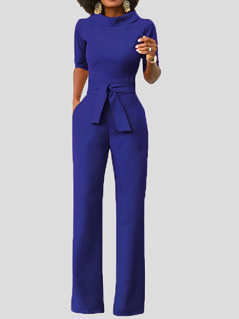 Heidi-Mode | Damen Jumpsuits Solid Fem Punkte Ärmel Gürtel Breite Beine Jumpsuit