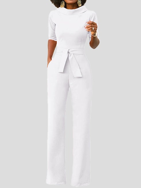 Heidi-Mode | Damen Jumpsuits Solid Fem Punkte Ärmel Gürtel Breite Beine Jumpsuit