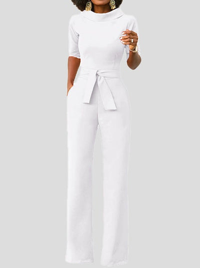 Heidi-Mode | Damen Jumpsuits Solid Fem Punkte Ärmel Gürtel Breite Beine Jumpsuit