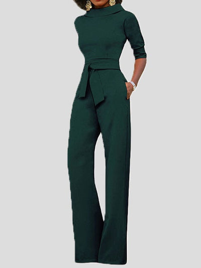 Heidi-Mode | Damen Jumpsuits Solid Fem Punkte Ärmel Gürtel Breite Beine Jumpsuit