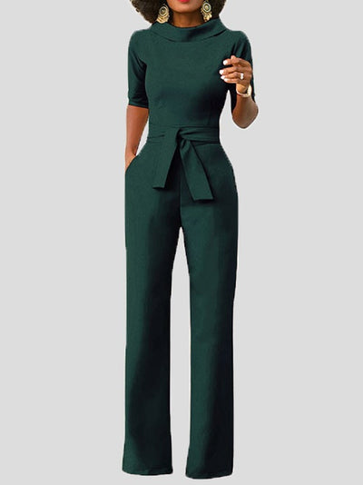 Heidi-Mode | Damen Jumpsuits Solid Fem Punkte Ärmel Gürtel Breite Beine Jumpsuit