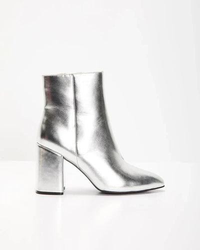 Damen Stiefeletten Metallic Look | Silber Blockabsatz